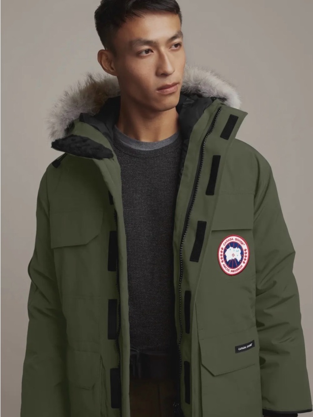 Canada Goose Men’s Olive Green Expedition-Style Parka with Fur Trim